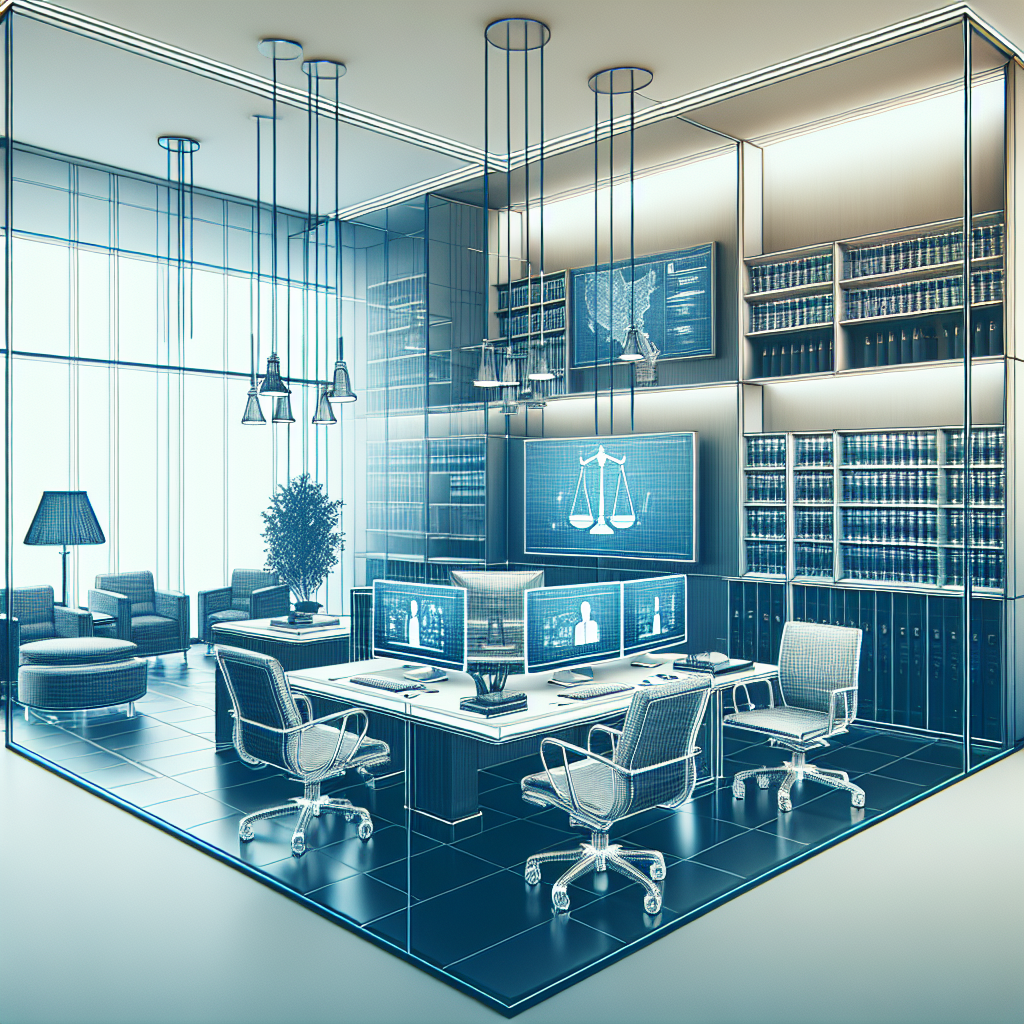 A modern law office with a welcoming atmosphere and digital elements like computers and tablets displaying legal information
