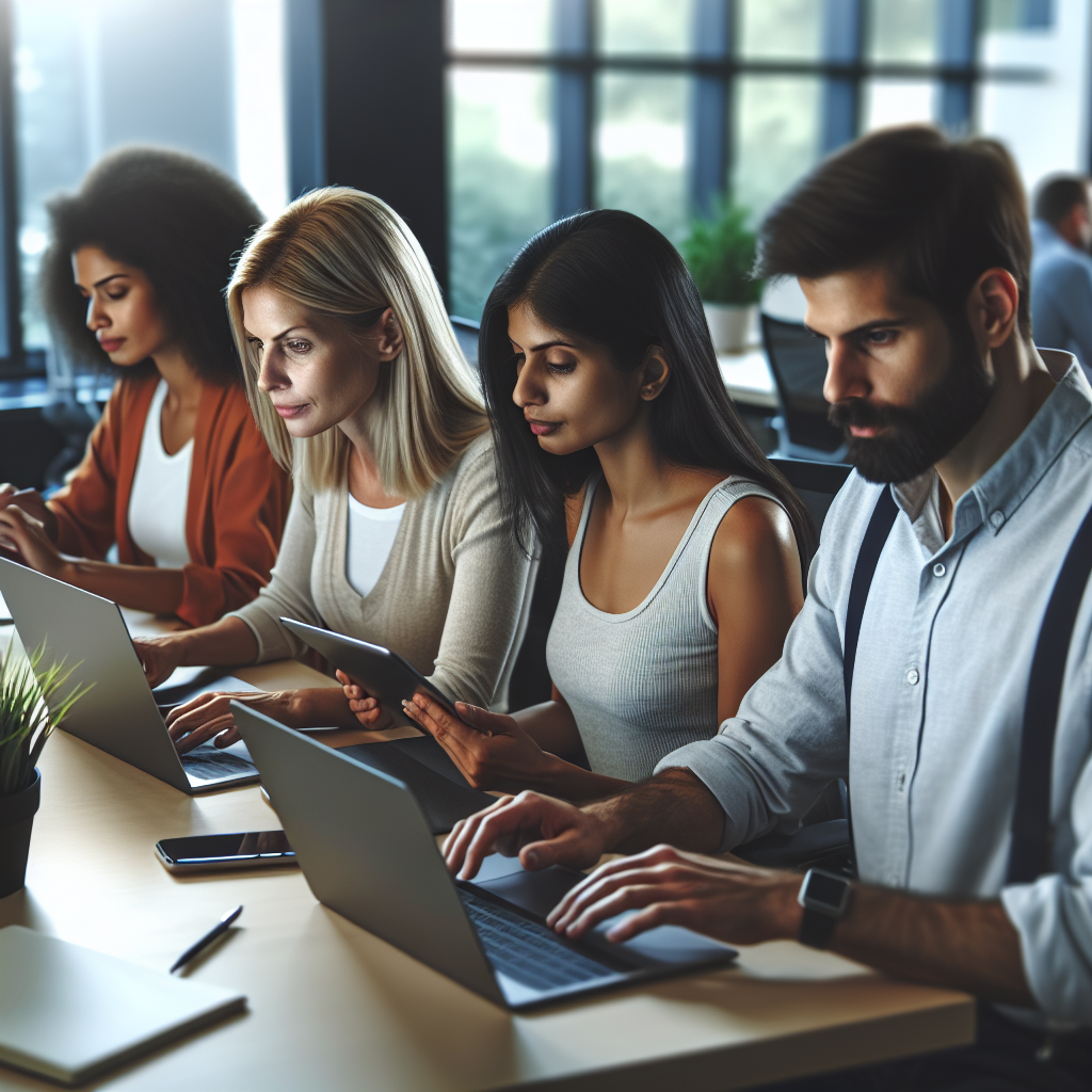 A group of digital marketers analyzing SEO strategies on laptops and tablets in a modern office setting