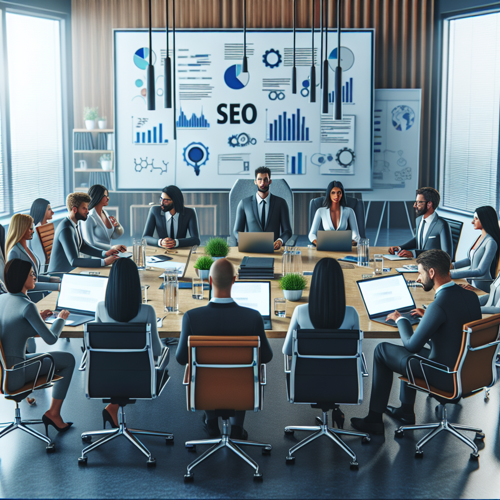 A modern office setting with professionals discussing SEO strategies over laptops and charts