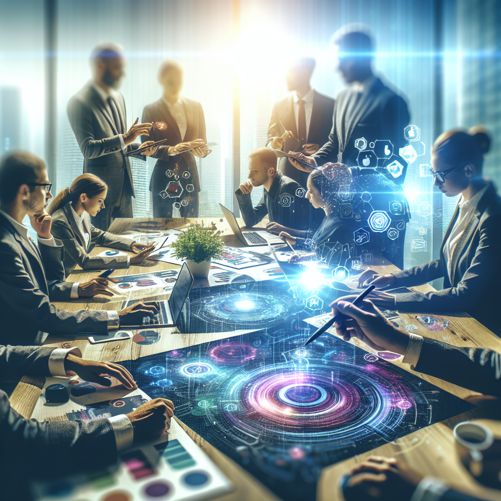 Una representación visual del proceso de transformación digital en empresas medianas, mostrando gráficos, tecnología y personal colaborando