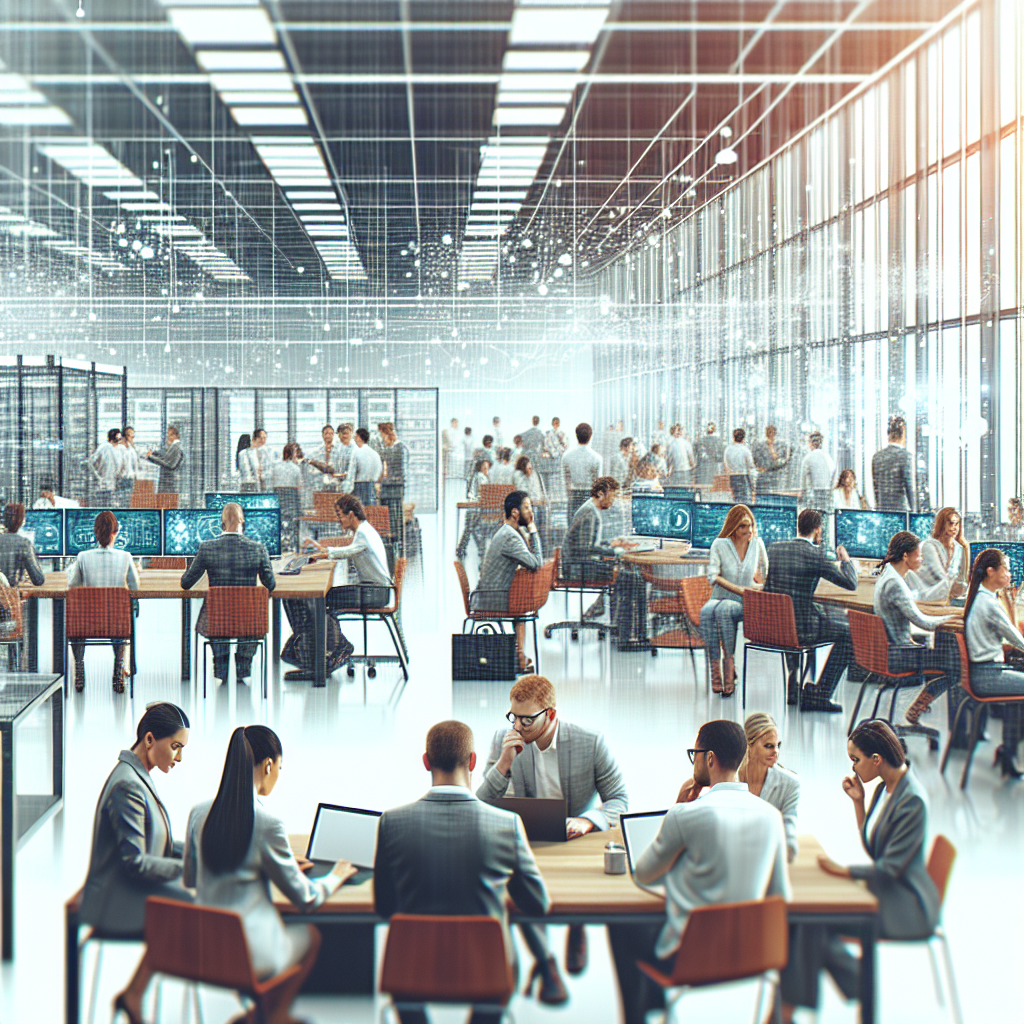 A medium-sized company office with employees working on laptops and discussing strategies for digital transformation