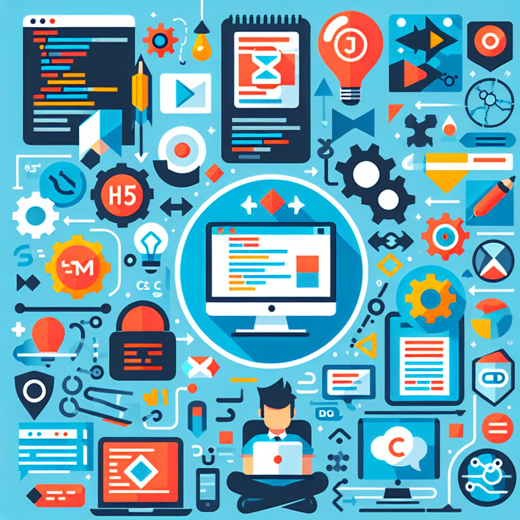 An illustration of a modern web development process with coding elements like HTML5, CSS3, JavaScript and icons representing different frameworks