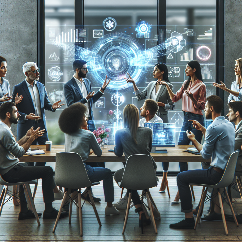 A medium-sized company team brainstorming digital transformation strategies in a modern office setting