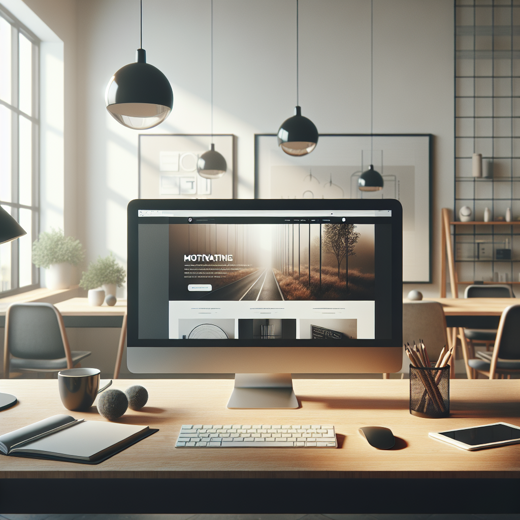 A modern office workspace with a computer displaying a beautifully designed website layout