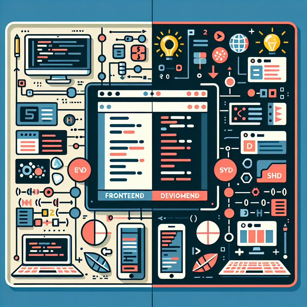 A split-screen illustration showing the differences between frontend and backend development in web programming with elements like HTML5 code on one side and server-side code on the other