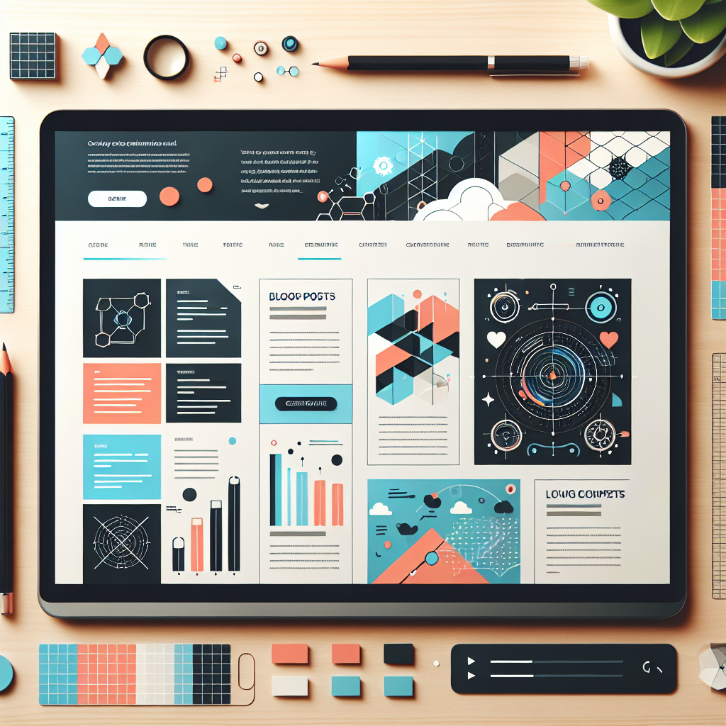 A modern corporate website layout showcasing various types of content like blogs, infographics, and videos in an engaging design