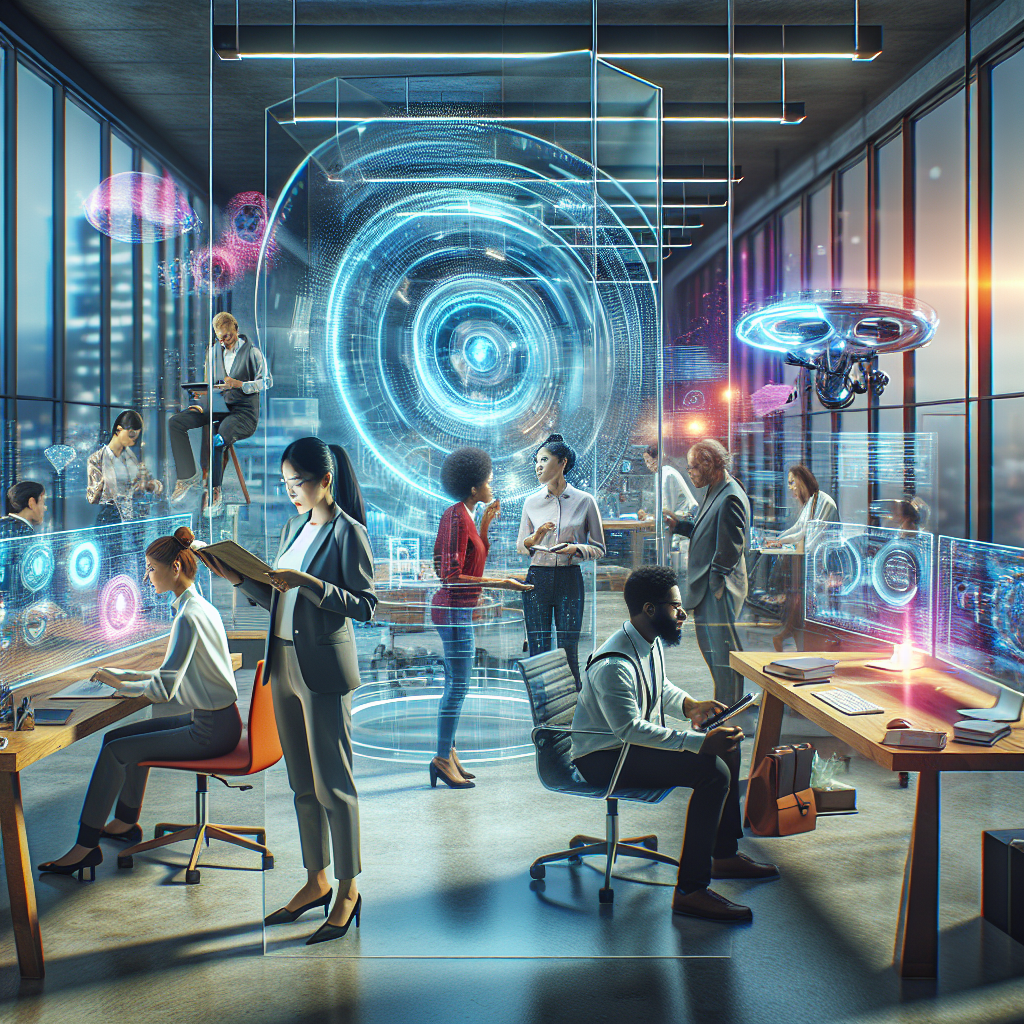 A vibrant office environment showcasing medium-sized businesses using digital technology