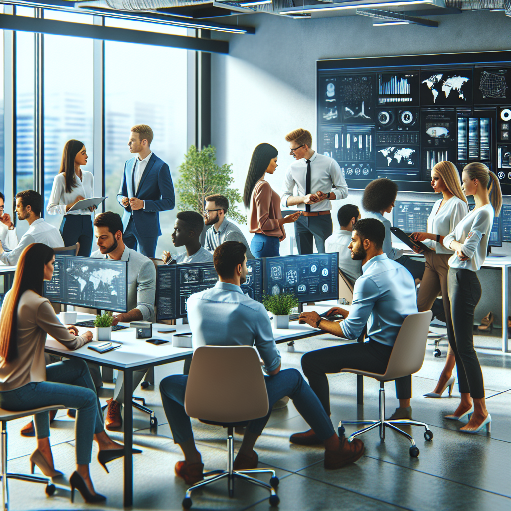A modern office environment with medium-sized company employees collaborating on digital solutions