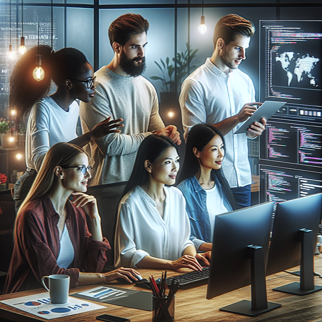 Un equipo diverso trabajando juntos en una oficina moderna, colaborando en el desarrollo y diseño web, con pantallas mostrando gráficos y código