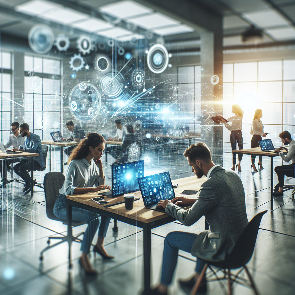 A modern office environment with employees collaborating on digital projects using laptops and tablets.