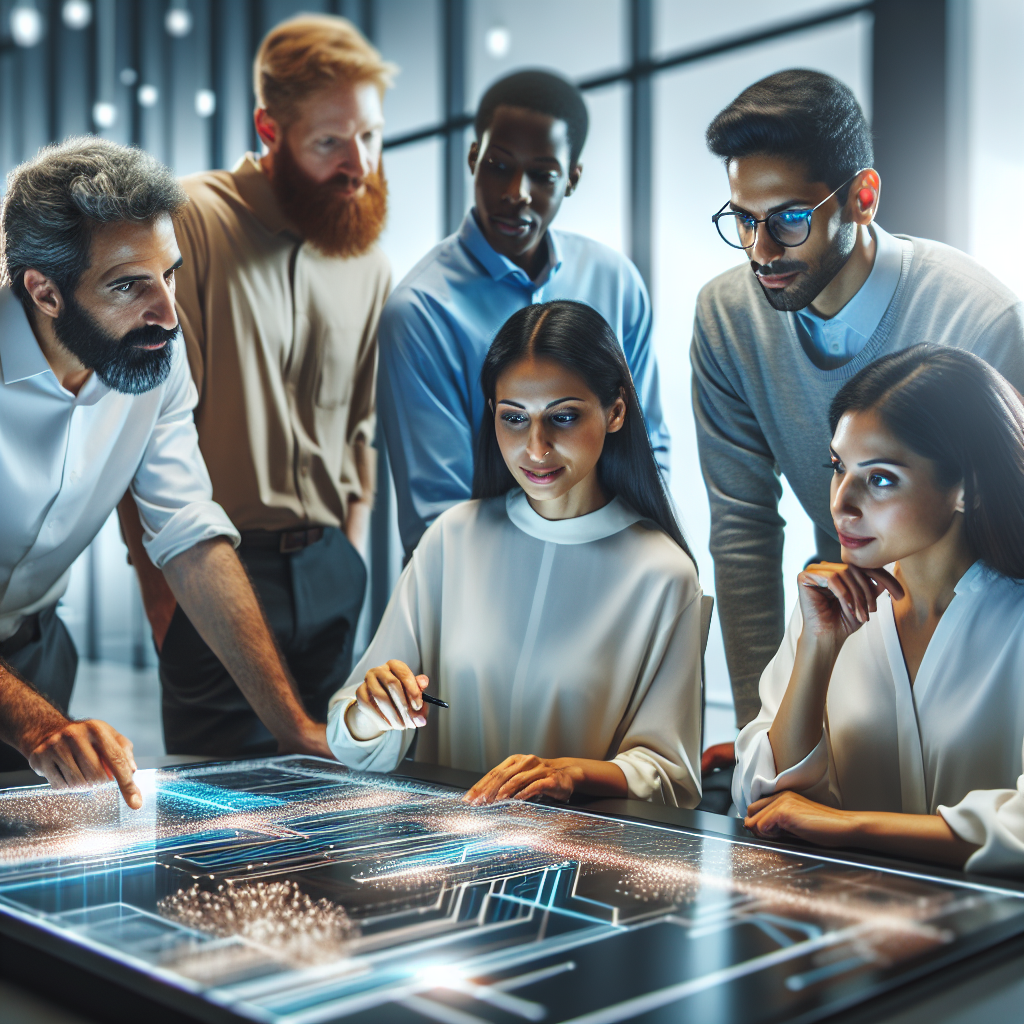 Un grupo diverso de trabajadores colaborando en un entorno moderno de oficina con tecnología avanzada