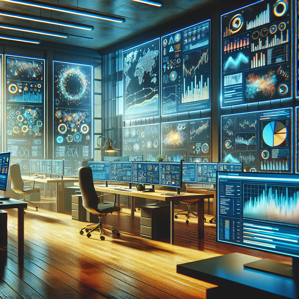 A vibrant digital workspace with screens showing website analytics and optimization tools