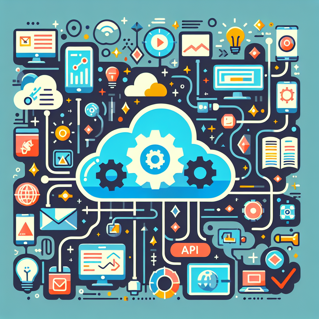 A vibrant illustration of cloud computing with various applications interconnected via APIs