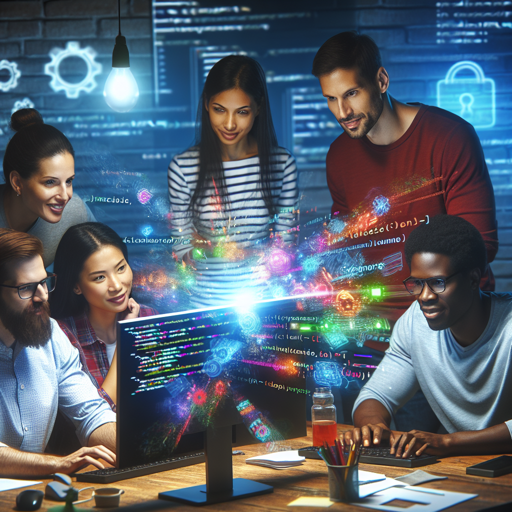 A diverse team of web developers collaborating around a computer with colorful code on the screen