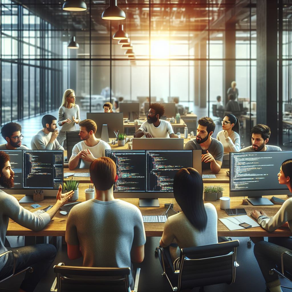 A diverse team of web developers collaborating on a project in a modern office space