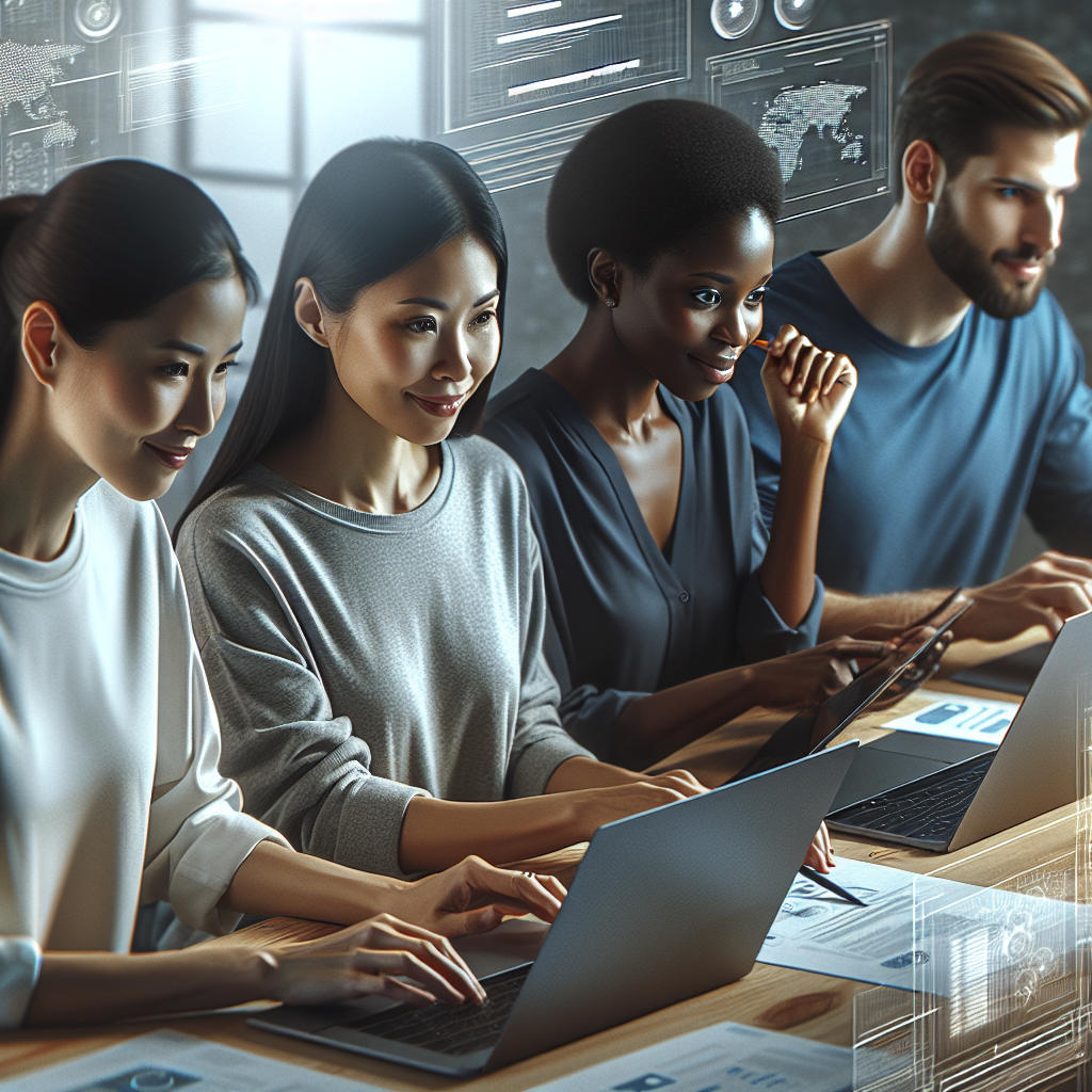 A diverse team of web developers collaborating on a project with laptops and digital designs in the background