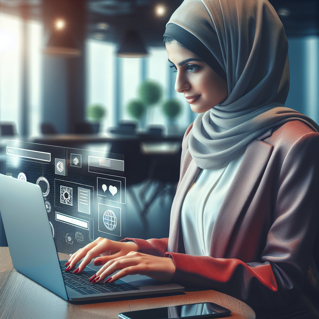 A small business owner using a custom web application on a laptop in an office environment