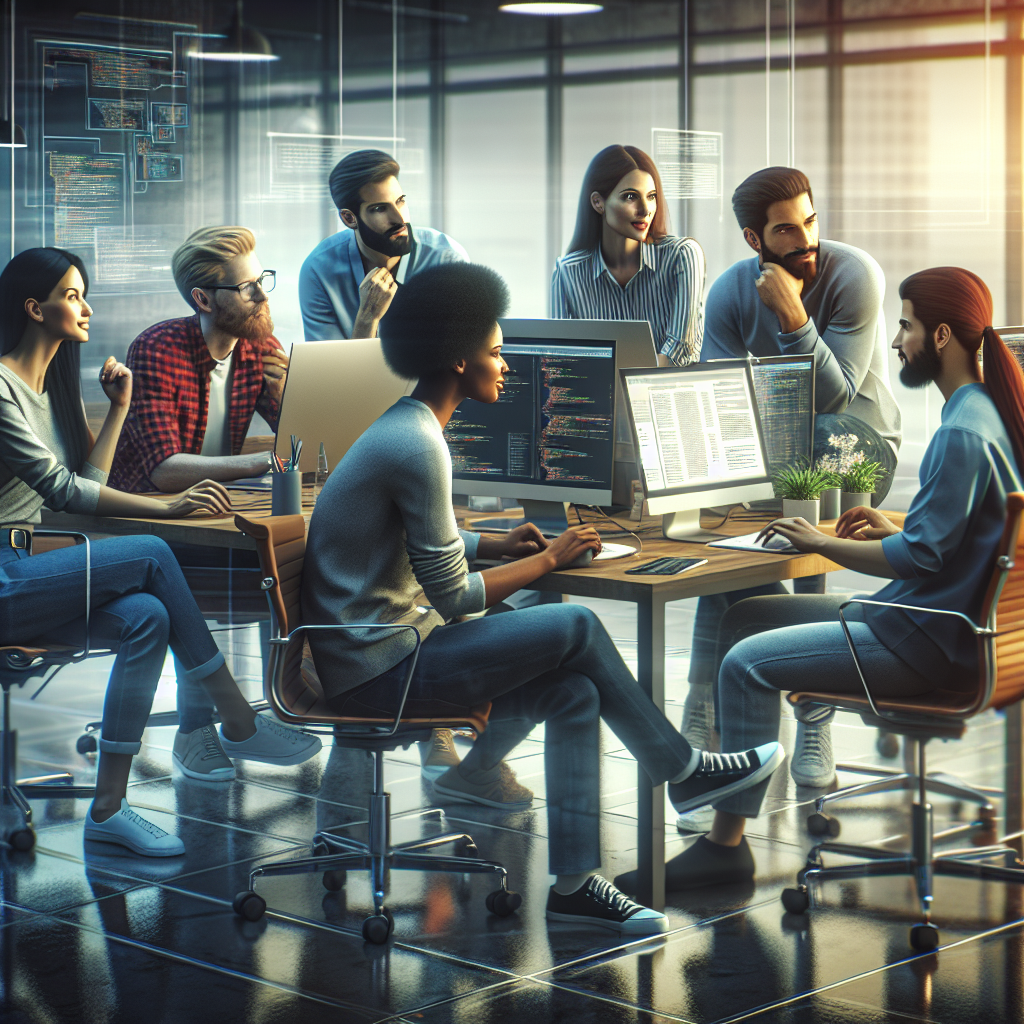A team of diverse web developers collaborating on a project with laptops and digital tools around them