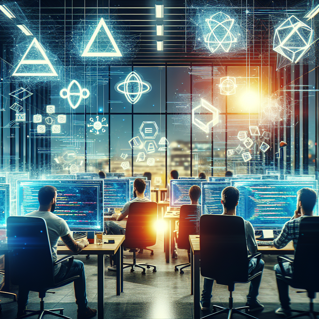A modern web development scene showcasing developers collaborating on AngularJS and ReactJS applications in a bright office environment