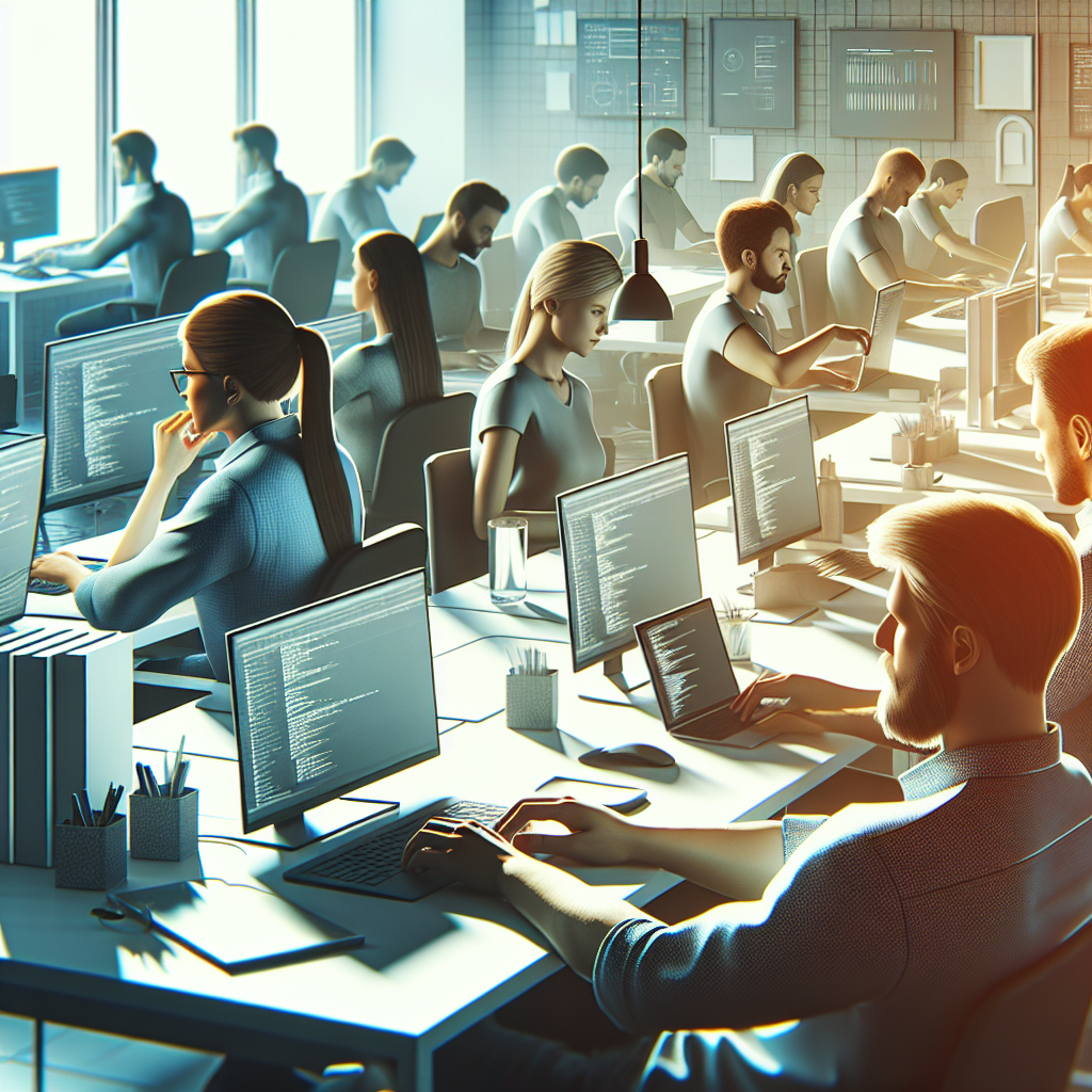 A modern office environment with developers working on laptops, showcasing web application development and database management