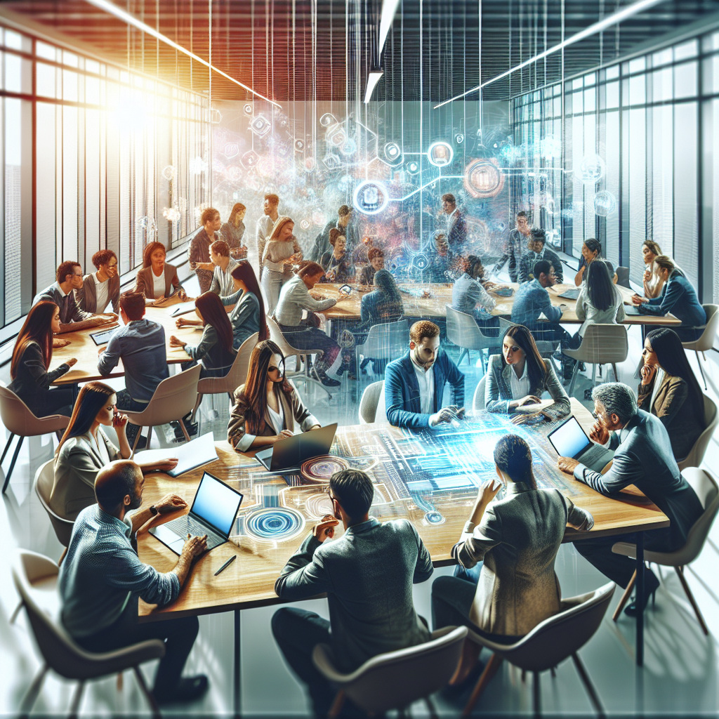 A vibrant and engaging social media management team brainstorming ideas in a modern office setting