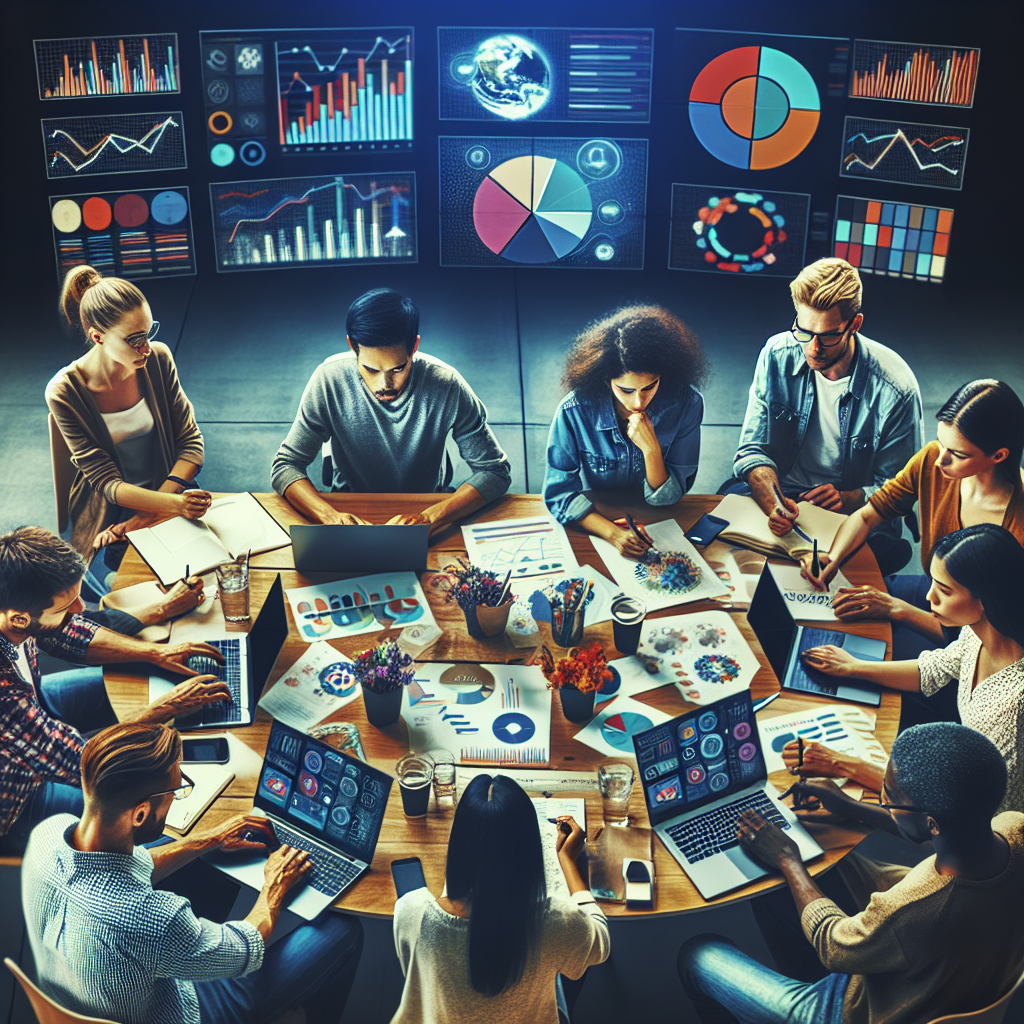 Un equipo creativo trabajando juntos en una estrategia digital, rodeado de pantallas mostrando estadísticas y gráficos coloridos