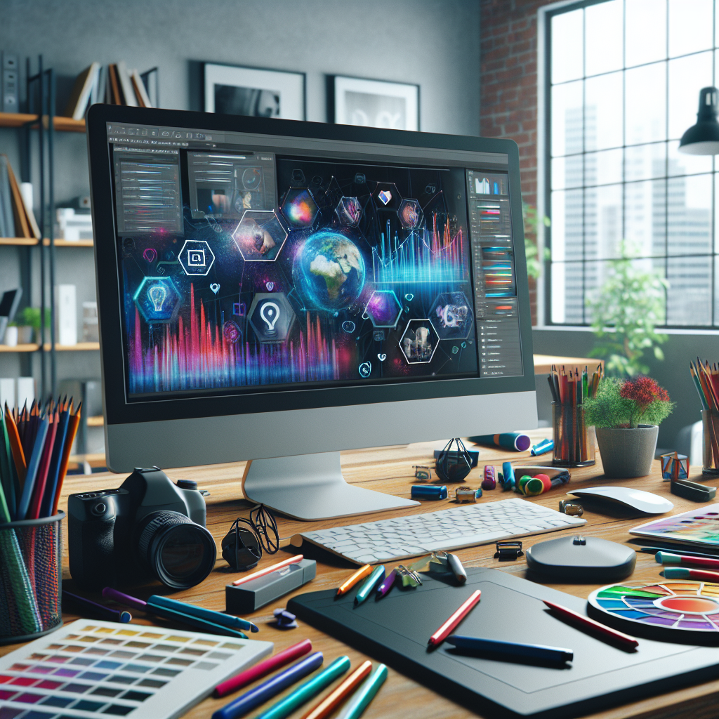 A creative workspace with social media analytics on a computer screen and colorful content creation tools scattered around