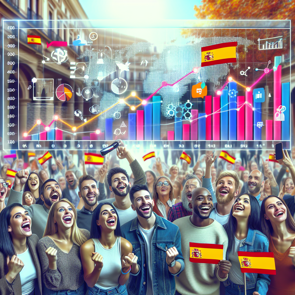 A vibrant digital marketing scene in Spain showcasing social media trends with influencers and analytics
