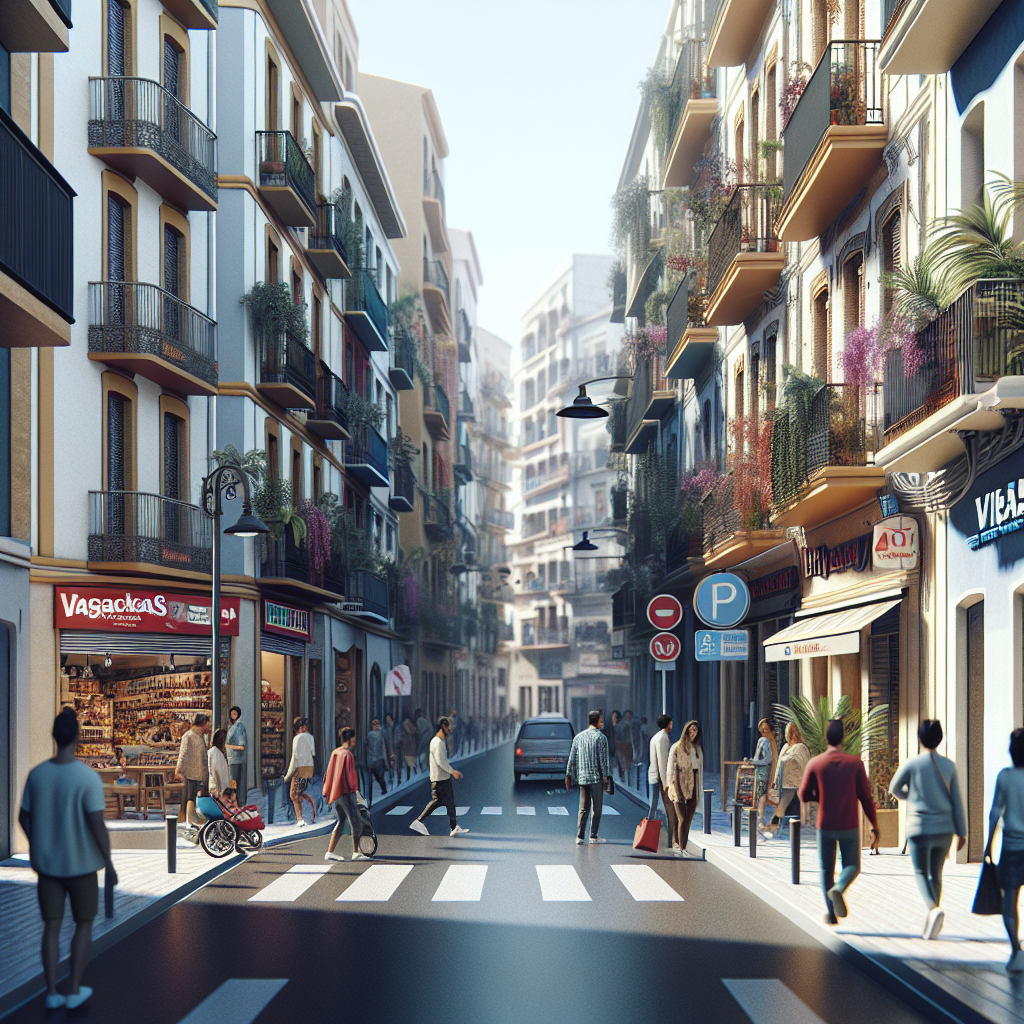 A vibrant street in Castellón with small businesses and people walking around, showcasing the concept of local businesses thriving due to effective digital marketing strategies.