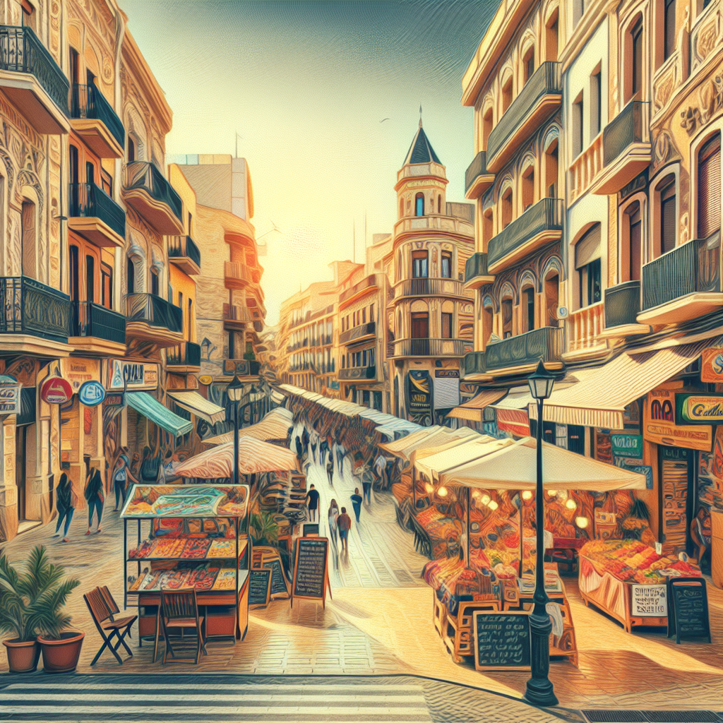 A vibrant street view of Castellón with small businesses showcasing their shops and services