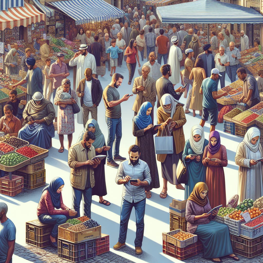 A vibrant and busy market scene in Castellón with locals engaging in various businesses and using mobile devices for online shopping