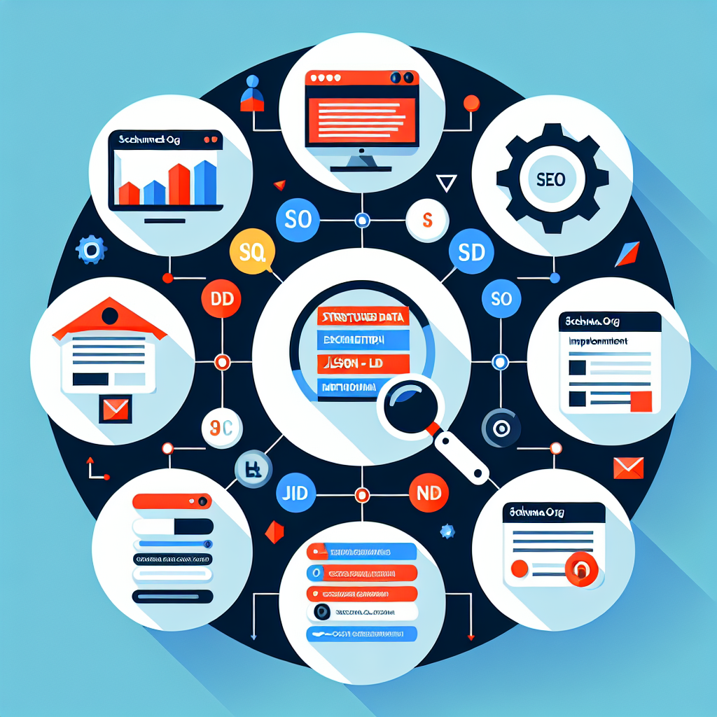 Visual representation of structured data implementation in SEO with examples of schema.org and JSON-LD