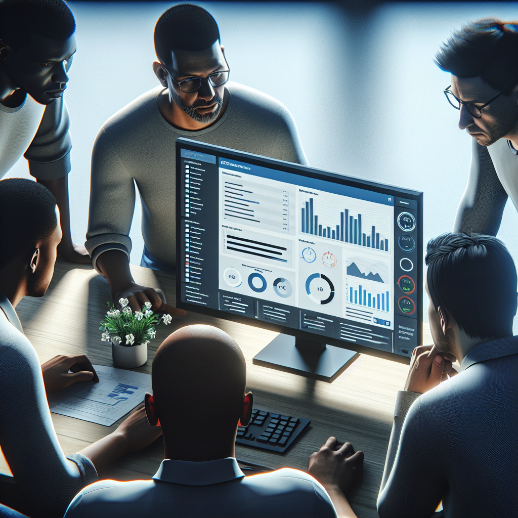 A professional website maintenance service team working on a computer with charts and graphs showing website performance metrics