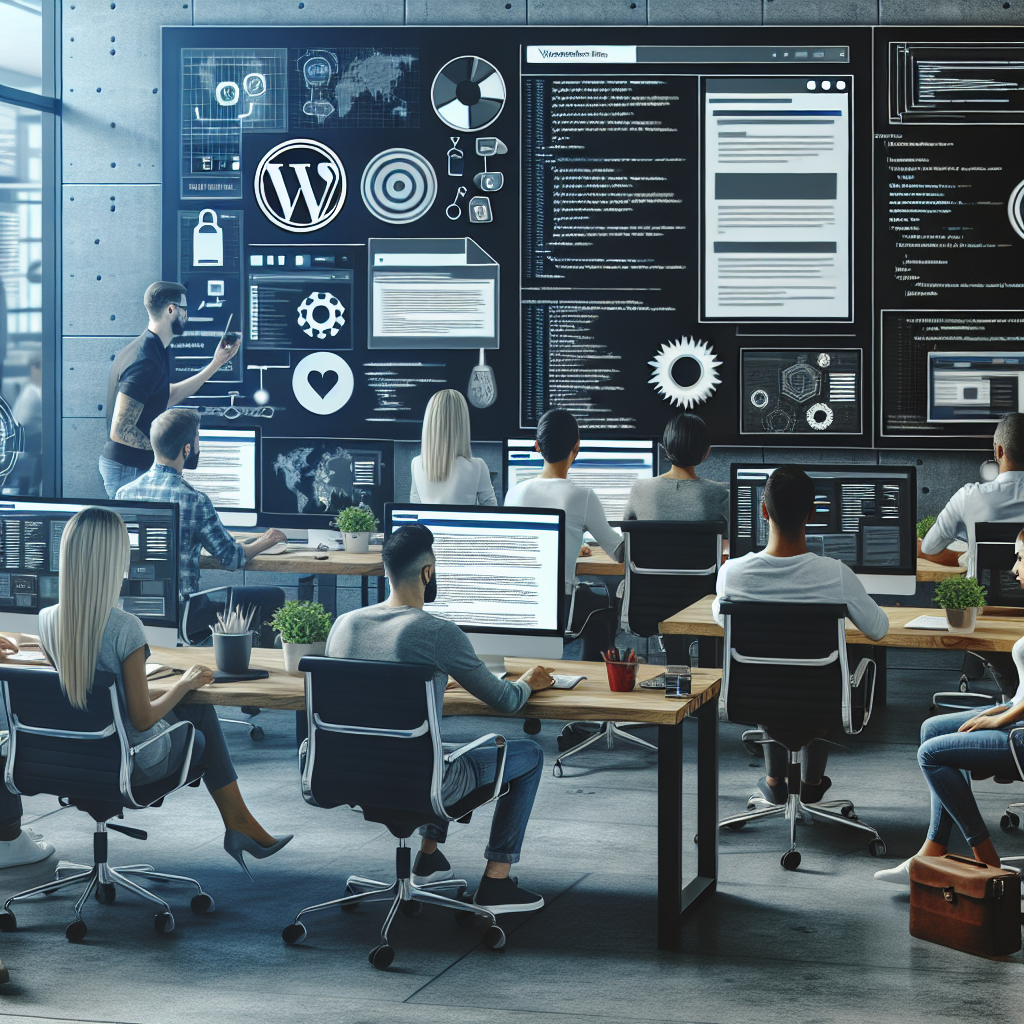 A modern office environment with a creative team working on website design, featuring screens displaying WordPress templates and coding