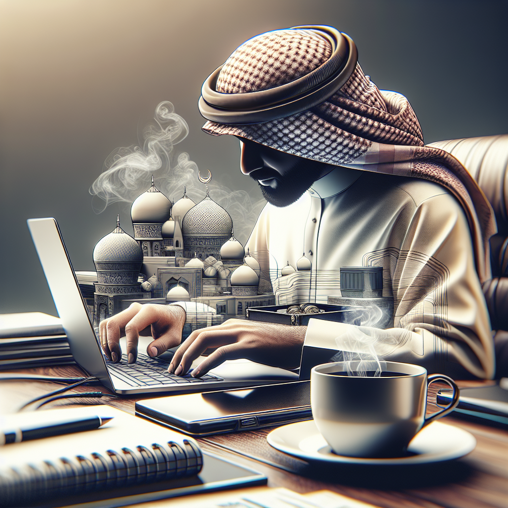 A small business owner working on their website maintenance with a laptop and coffee