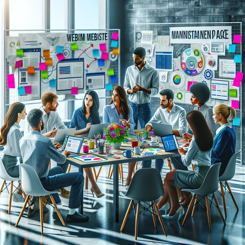 A vibrant office setting where professionals are discussing website maintenance plans and promotions