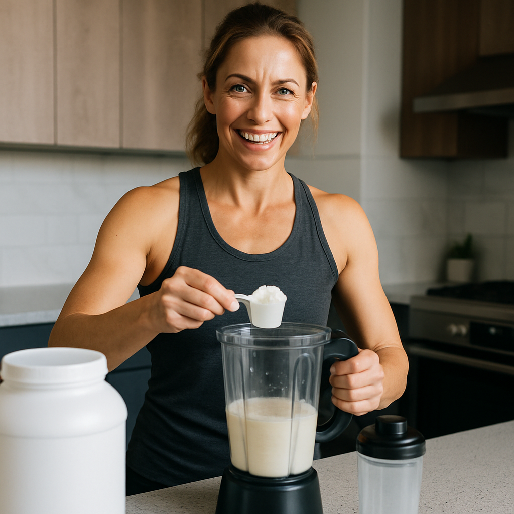A fit woman in her 40s preparing a protein shake in a modern kitchen, looking confident and energetic