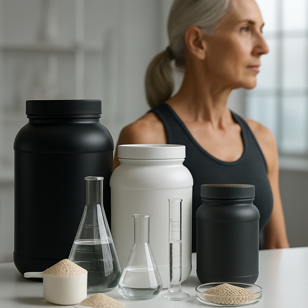 A close-up of various protein powder containers with scientific-looking ingredients and a mature woman's silhouette in the background, showing precision and health