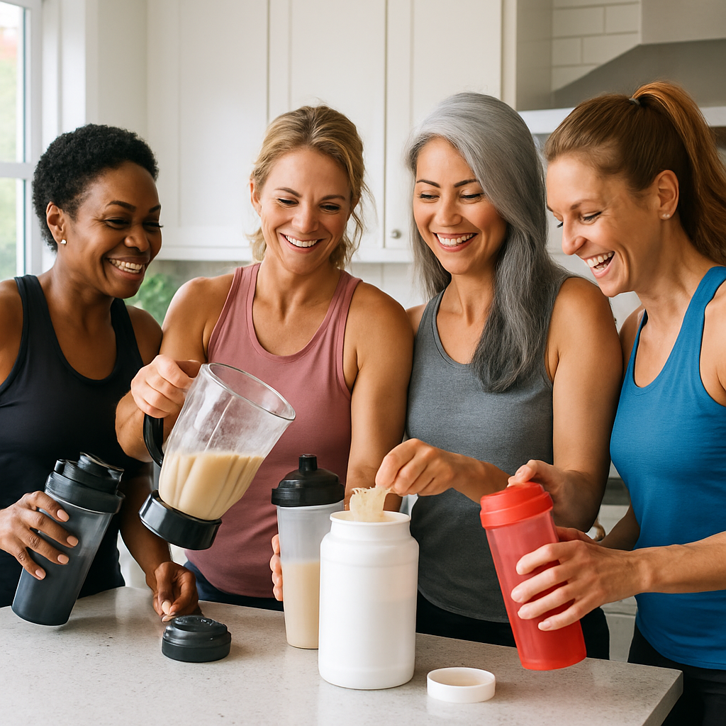 A diverse group of fit women in their 40s preparing protein shakes in a bright, modern kitchen, showcasing strength and vitality