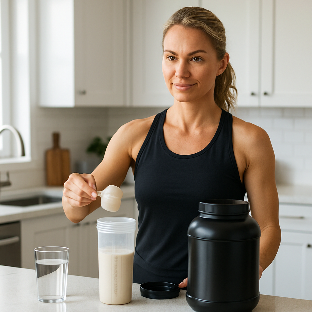 A mature woman in her 40s preparing a protein shake in a bright, modern kitchen, looking confident and health-focused