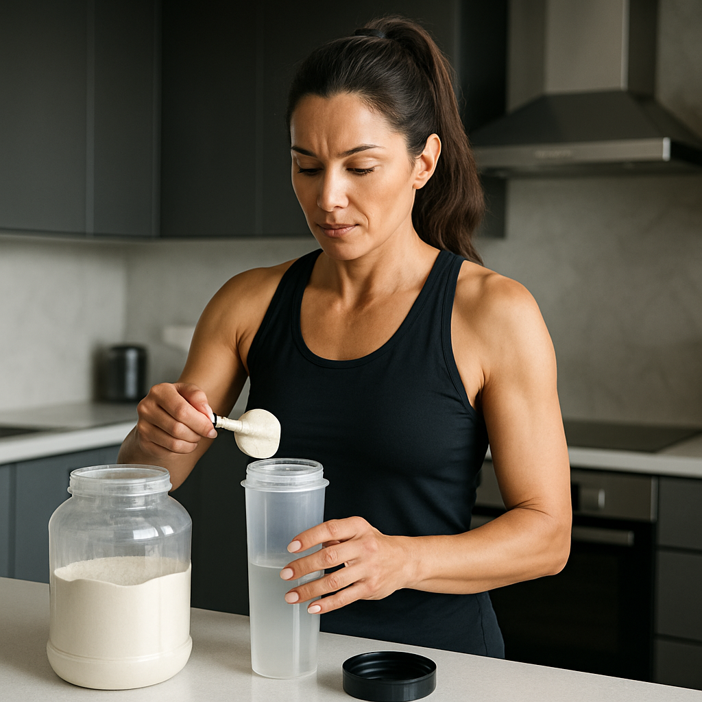 A fit woman in her 40s mixing protein powder in a sleek kitchen, measuring carefully with precision and confidence