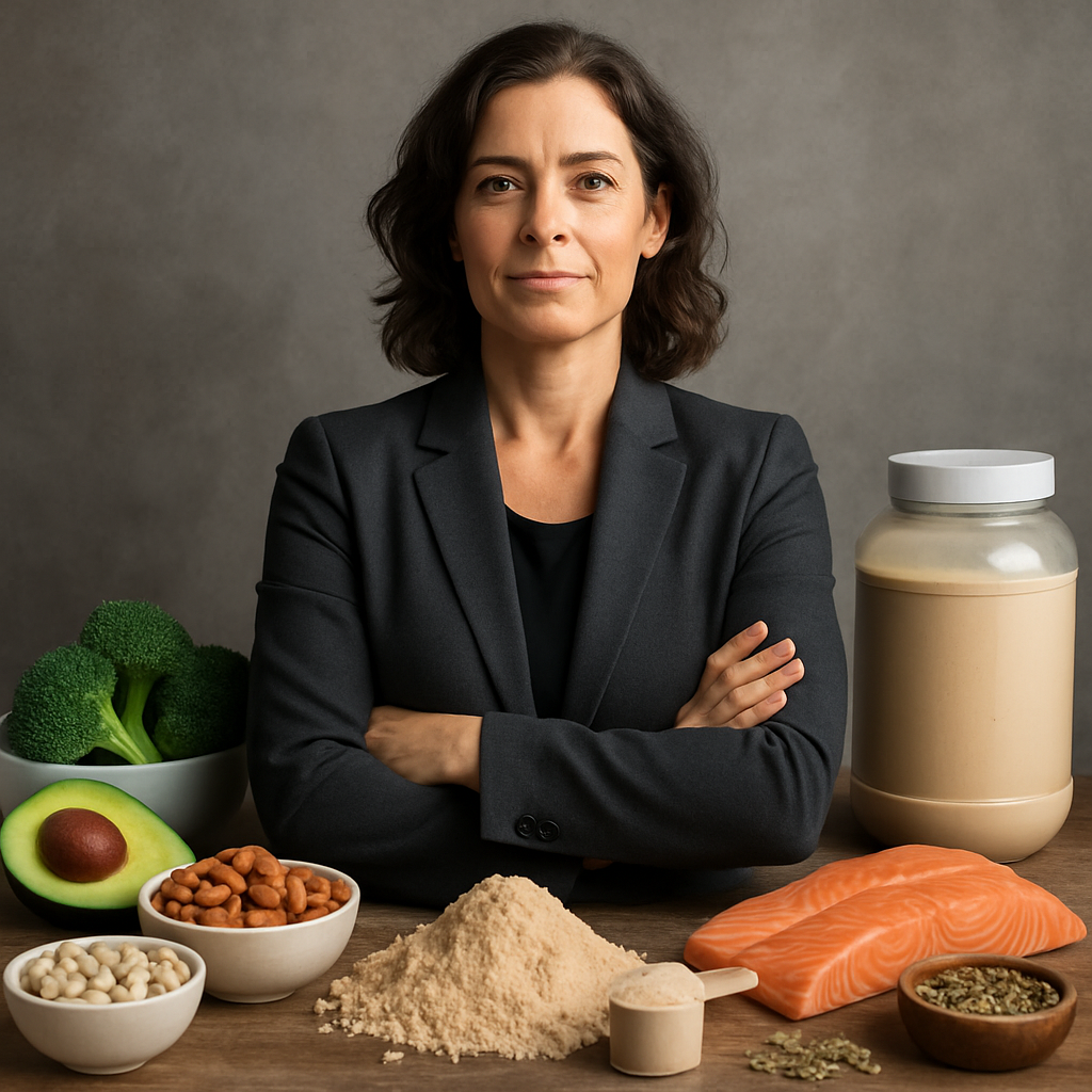 A confident woman in her 40s standing strong, surrounded by nutritional ingredients and protein powder, representing holistic wellness and empowerment