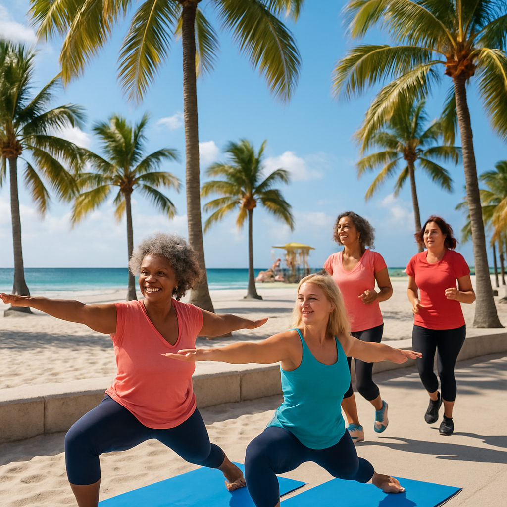 A vibrant Miami beach scene with women over 40 engaging in fitness activities like yoga and jogging under the sun, showcasing healthy lifestyles and tropical vibes