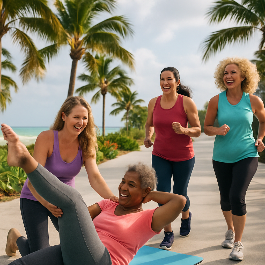 A group of diverse women over 40 enjoying outdoor fitness activities such as Pilates and jogging near Miami's beach, showcasing a vibrant lifestyle amidst tropical plants