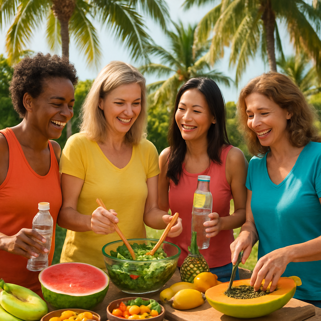 A vibrant scene showing women over 40 engaging in healthy meal preparation outdoors under palm trees, showcasing tropical fruits and hydration strategies