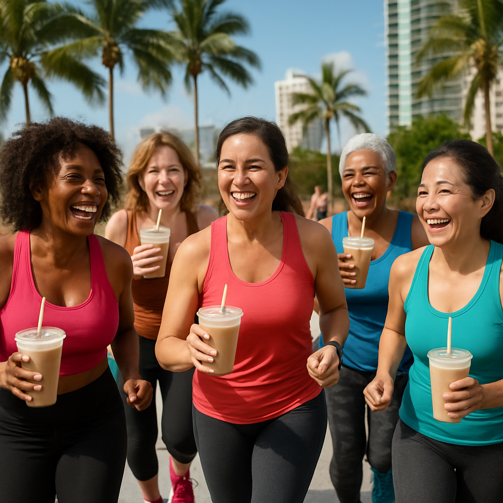 A lively group of diverse women over 40 enjoying an outdoor fitness class together in Miami while sipping protein shakes from PumpFit 305, showcasing camaraderie and healthy living