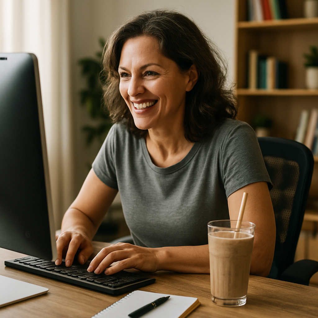 A woman over 40 energetically working at her desk with a nutritious shake made from clean protein powder beside her