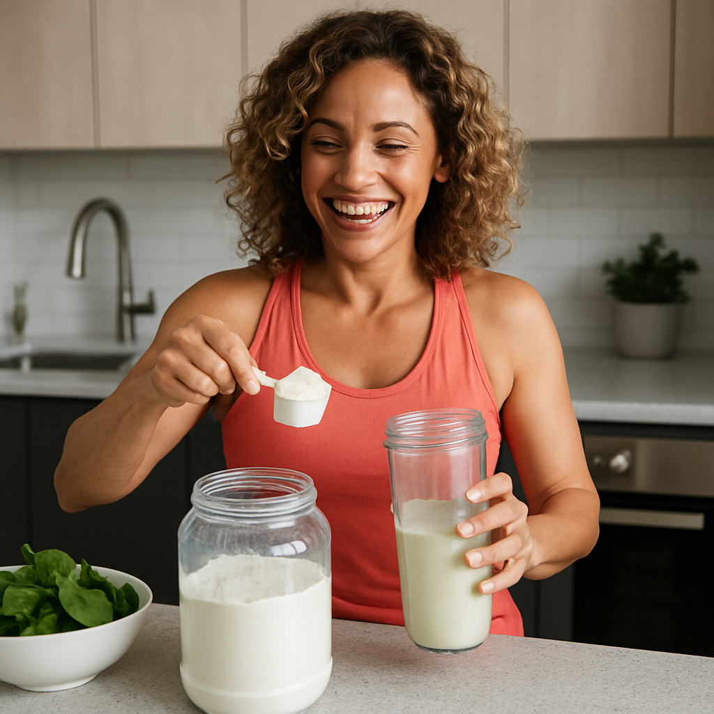 A vibrant woman over 40 preparing a nutritious shake from clean protein powder in her modern kitchen