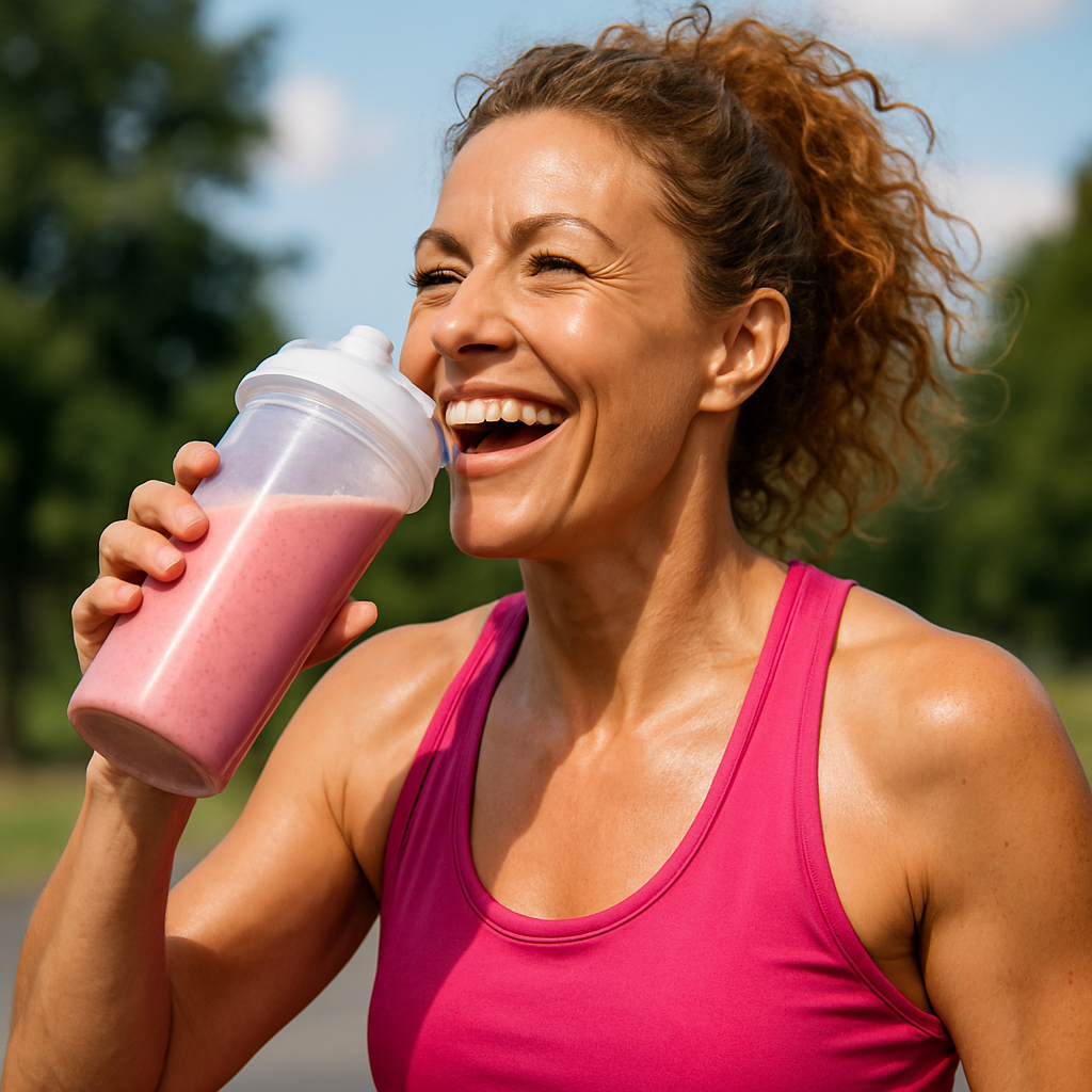 A vibrant woman in her 40s enjoying a post-workout shake with visible vitality