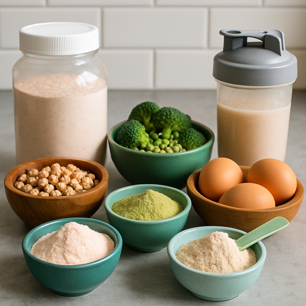 A colorful assortment of protein sources including collagen powders, plant-based proteins, eggs, and whey shakes on a kitchen counter